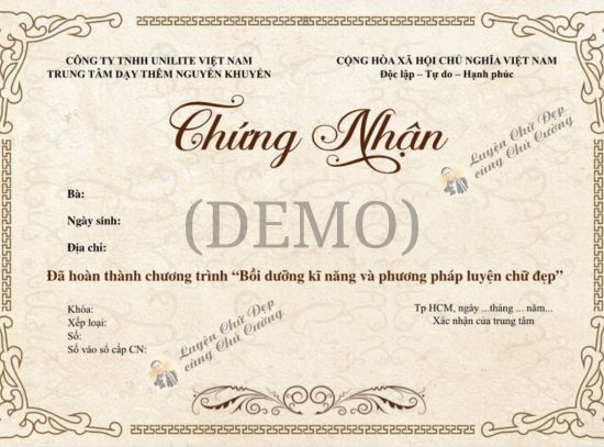 Bản mẫu chứng chỉ luyện chữ đẹp