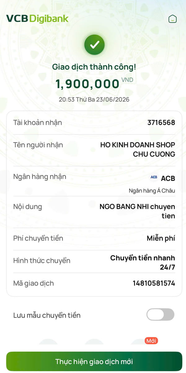 Học viên Băng Nhi thanh toán