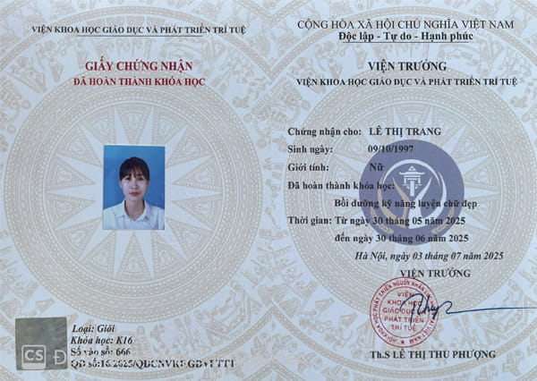 Mặt sau chứng nhận bồi dưỡng kỹ năng luyện chữ đẹp