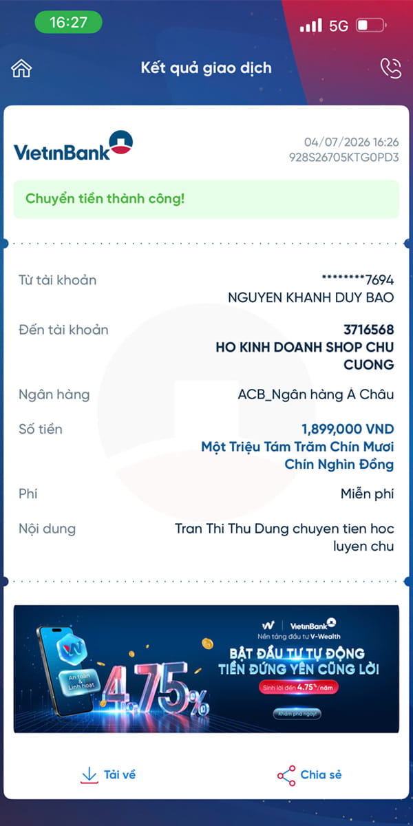 Học viên Thu Dung thanh toán
